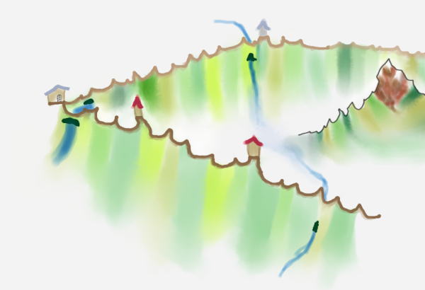 A dreamlike landscape of ridge-like roads, stretching between buildings that mark towns. Fields in different shades of green stretch below the roads, seemingly denoting units of distance or time. The roads are rippled, like cartoon waves. A mountain, similarly outlined in a rippling surface, sits between some roads. Misty rivers cross between the roads. The green fields fade away into white negative space, suggesting mist or simply unmarked areas on a map.